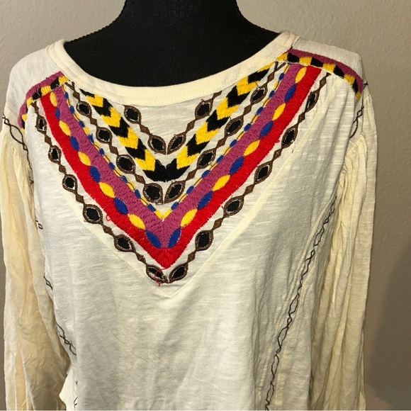 Free People XS Bohemian Cream Top with Multicolor Accents - Picture 3 of 7